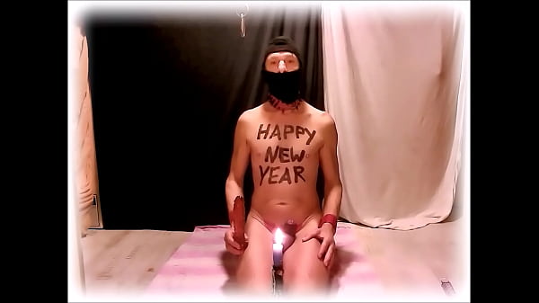 naked pathetic slave wish HAPPY NEW YEAR sparkler in urethra, BDSM CBT