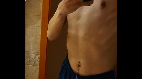 TUMMY PIERCED ARAB TEEN GUY SHOWS OFF HIMSELF IN THE MIRROR