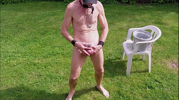 naked pathetic slave in penis cage during outdoor party entertain guests with nettle play, pee in 2 direction
