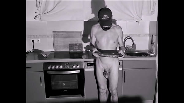 naked pathetic slave in penis cage during housekeeping, cucumber fuck, dildo in ass