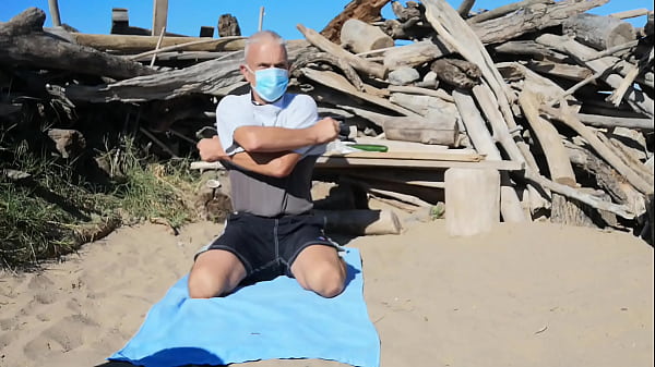 naked pathetic slave outdoor in penis cage cucumber fuck at the gay beach